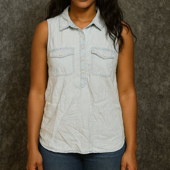 Talbots Tops - Talbots Sleeveless Popover Denim Top Blouse Blue Women's 12 EUC Pockets Summer